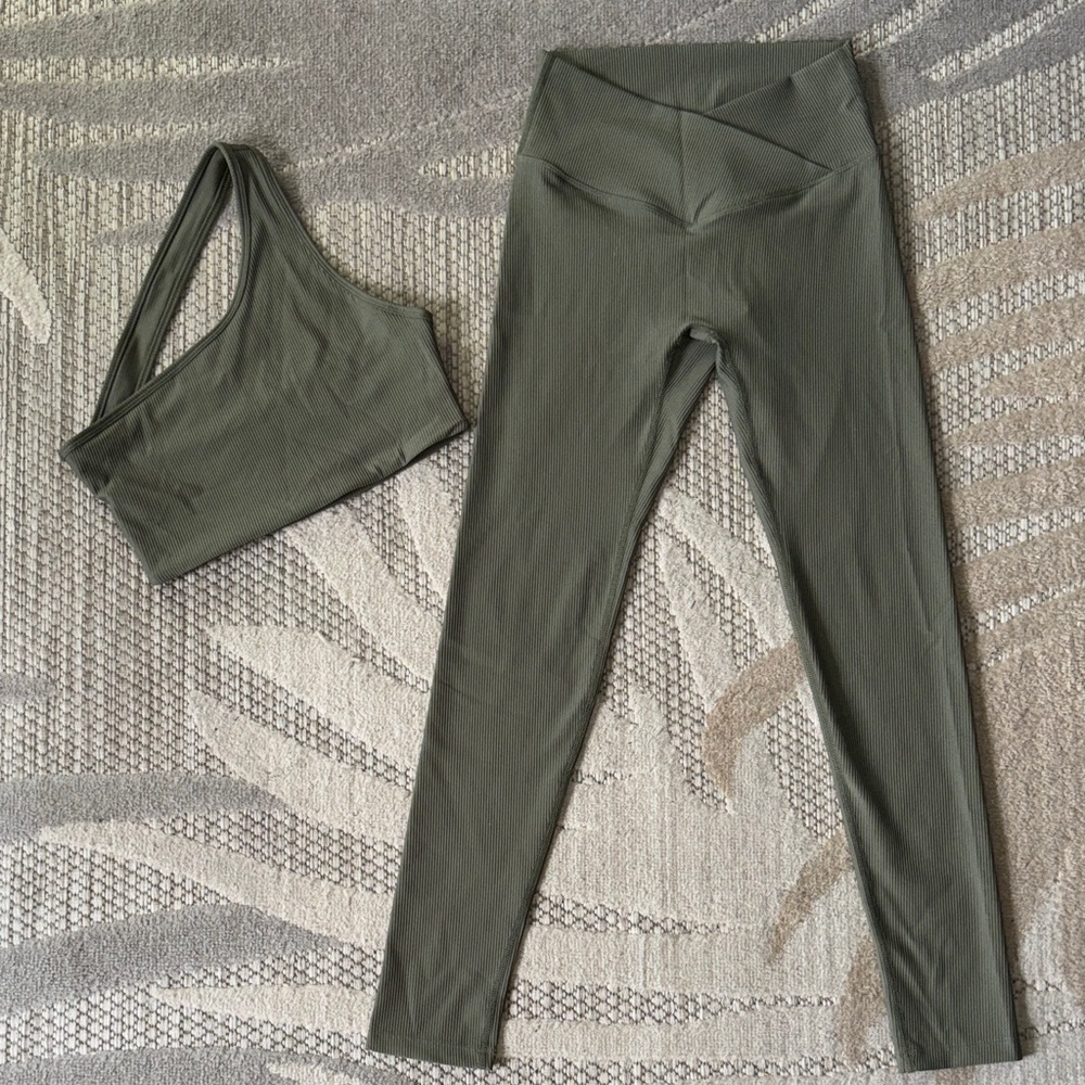 Olive Green One-Shoulder Sports Bra and Leggings Athletic Wear Set